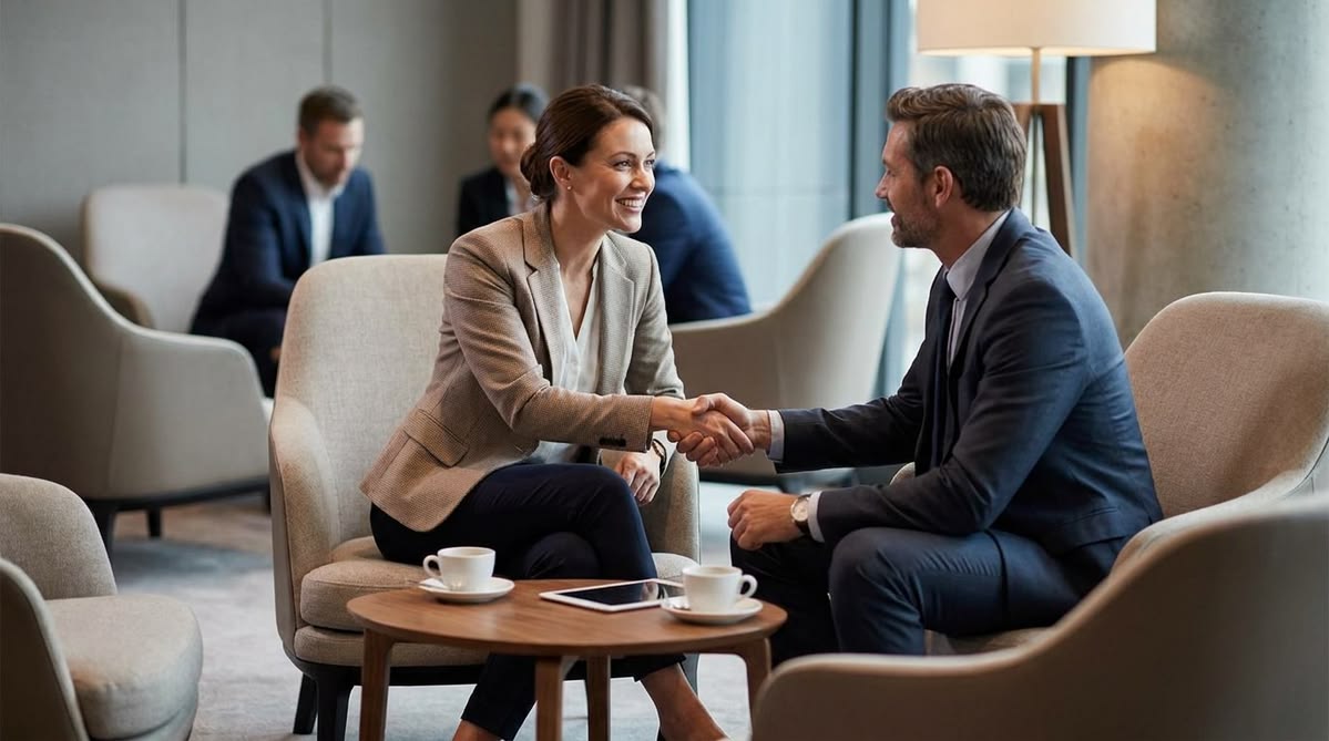 Two professionals meeting in a comfortable office